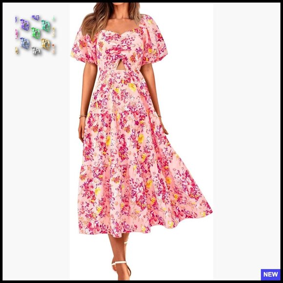 Dresses & Skirts - Boho Maxi Dress Flowy Smocked Back Square Neck Short Sleeve Casual Summer
